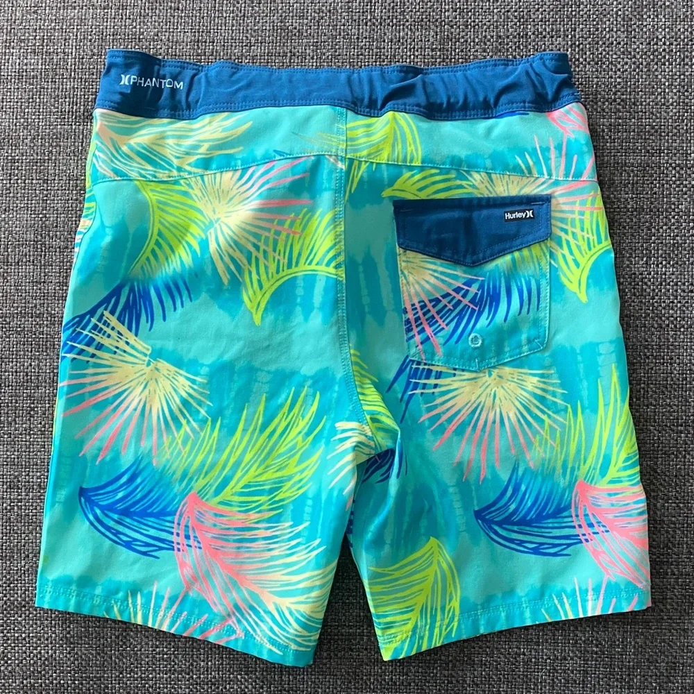 Boys 7 Hurley Blue Boardshorts Unlined Swim Trunks, Tropical Print, Blue, Teal